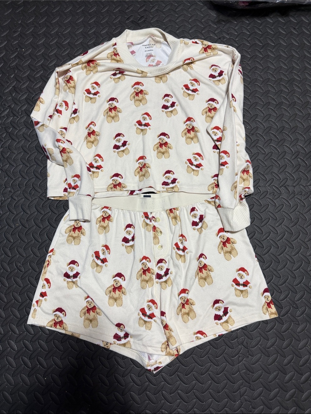 American Eagle Outfitters Cream Teddy Bear Print Pajama Set